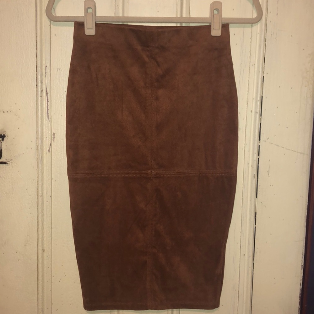 Knee length gingerbread brown faux suede skirt